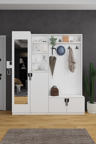 Lüks Aynalı Portmanto Askılı Vestiyer %100 Mdf Çok Raflı Ayakkabılık V03 Beyaz