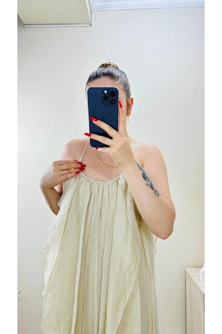 Elora Atelier Büzgülü Askılı Ekru Maxi Boy Elbise Çok Renkli