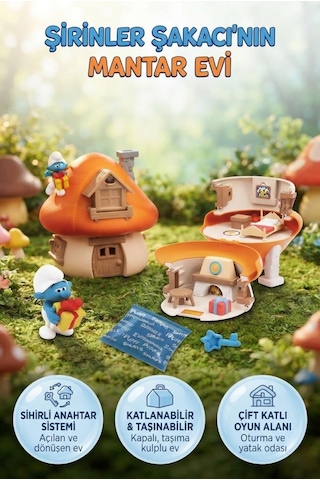 Gioc-hi Prezio-si Şirirnler Şakacı'nın Mantar Evi Anahtarlı Taşınabilir İki Katlı 19 Cm Oyuncak Set Şirinler