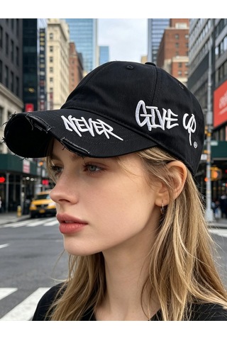 Valkyrie Unisex Siyah Never Give Up Nakışlı Baseball Şapka Ayarlanabilir Vintage Streetwear Spor Kep
