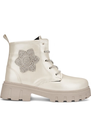 Günlük Çocuk Bot Rugan Çiçekli Taşlı Bağcıklı Fermuarlı Rugan Kalın Tıtrıklı Taban Bootie 600 Bej Rugan Bej