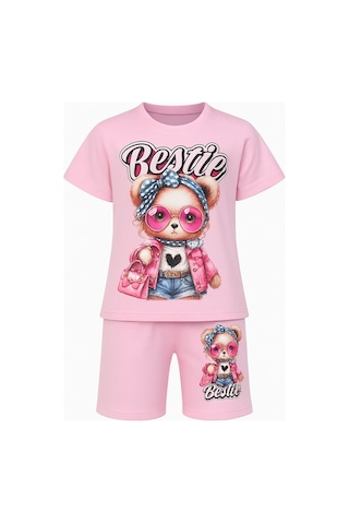 Bestie Siyah Ve Pembe Renk Kız Çocuk Takım - Ayıcık Baskılı Tişört & Şort 2'li Set Pembe