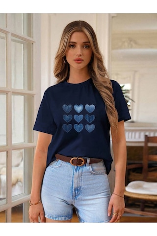 Uyguntarz Unisex Jean Desenli Kalp Tasarım Basklı Tshirt Lacivert