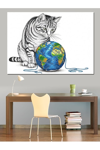 Kedi Küre Dünya Üzerinde Dekoratif Kanvas - Mdf Ahşap Tablo