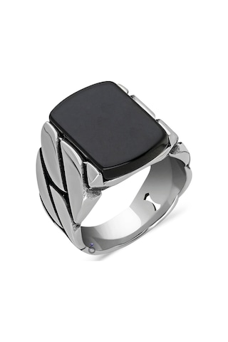 925 Ayar Gümüş Parça Detaylı Siyah Oniks Taşlı Erkek Yüzük
