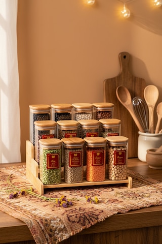 Snippy Lunver - 12'li Ahşap Standlı Vakumlu Etiketli Akrilik Saklama Kabı Baharatlık Seti 350 Ml Ahşap