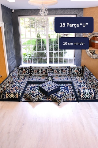 Otantik Şark Köşesi Takımı Lacivert Anadolu 18 Parça Kilim Ve Puf Dahil Süngerli Sedir Seti