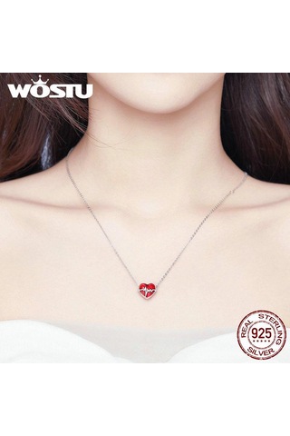 Wostu 925 Ayar Gümüş Kalp Atışı Kalp Boncuk Kırmızı Emaye Charms Fit Orijinal Bilezik Kalp Charm Gümüş