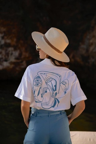 Kadın Soyut Baskılı Kısa Kollu Gömlek Frn6003 Mavi