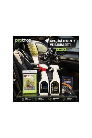 Araç İçi Temizlik Ve Bakım Seti 4 Parça Genel Temizleyici 500 Ml, Torpido Bakım Sütü, Mikrofiber Bez Ve Parlatıcı Sünger