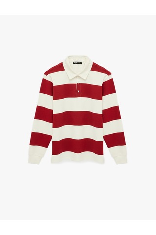 Koton Uzun Kollu Pamuklu Düğmeli Polo Yaka Çizgili Sweatshirt Kırmızı Çizgili 6sam70078mk