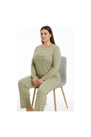 Bravie Üstü Yazılı Altı Kare Desenli Elite Viscose Uzun Büyük Beden Pijama Takımı Beyaz 3594 Haki