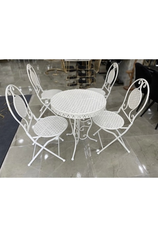 Ferforje Katlanır 1 Masa 4 Sandalye Balkon Takımı Beyaz 60cm Beyaz