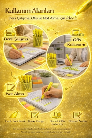 Fosforlu Kalem Seti 10'lu Sarı Highlighter Sarı