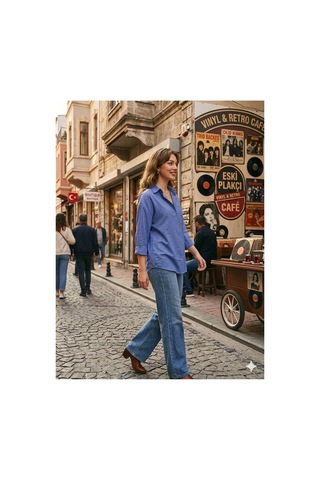 Zdnjeans Kadın Mavi Rahat Kesim Keten Gömlek