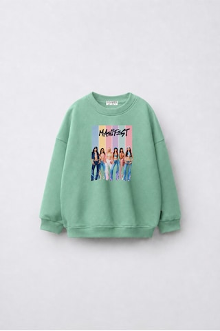 Fasardi Super Bear Adventure Baskılı Oversize 3 İplik Şardonsuz Uzun Kollu Unisex Çocuk Sweatshirt Mint