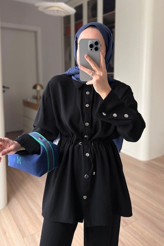Ka Hijab Çıtçıt Detay Beli Büzgülü Takım - Siyah