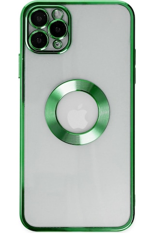 Apple Uyumlu iPhone 11 Pro Max Kapak Yanları Renkli Lens Korumalı Logo Gösteren Şeffaf Luxury Kılıf - Yeşil