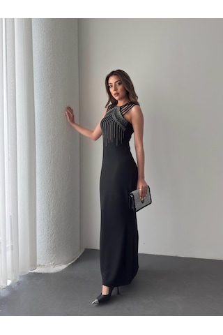 Ge Ticaret Kadın Omuz Çoklu Askılı Önü Taş Işlemeli Balık Kesim Janjan Krep Maxi Boy Elbise Siyah