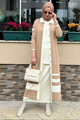 İmge Çizgili Triko Hırka Bej Çok Renkli