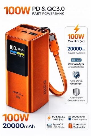 100w Ultra Hızlı Powerbank 20.000mah Usb-a Type-c Çıkışlı Telefon Tablet Notebook Alüminyum Taşınabilir Hızlı Şarj Cihazı Turuncu