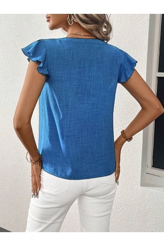 Reka Moda Kadın Kısa Kelebek Kollu V Yakalı Bluz Mavi
