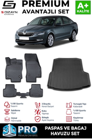 S-dizayn Skoda Octavia 3d Pro Havuzlu Paspas Ve Bagaj Havuzu Seti 2'li Set 2013-2017 A+ Kalite