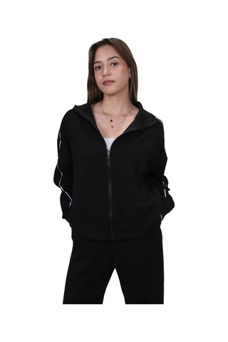 Kadın Modal Kumaş Kontrast Detaylı Rahat Kalıp Siyah Ceket Hırka Lacivert