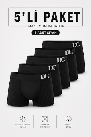 Elilom Erkek Boxer 5'li Paket Daily Comfort Dikişsiz Nefes Alır Pamuklu Siyah Set 5p Siyah