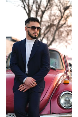 Dupont Classics Dupont Slim Fit Sivri Yaka 6 Drop Çift Yırtmaç Torba Cep Puntolu 2'li Takım Elbise Lacivert
