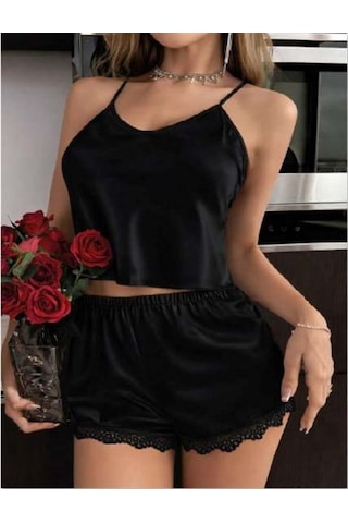 Ang Butik Closet Siyah İnce Askılı Dantel İşlemeli Saten Şortlu Takım Siyah