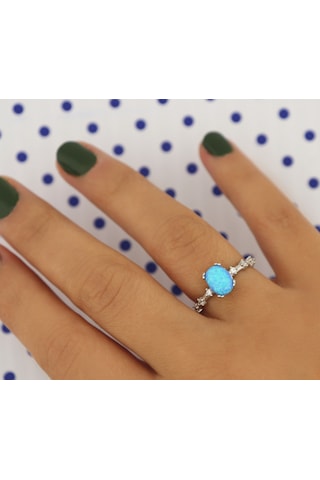 925 Ayar Gümüş Yüzük Oval Mavi Opal Taş Vintage Yüzük