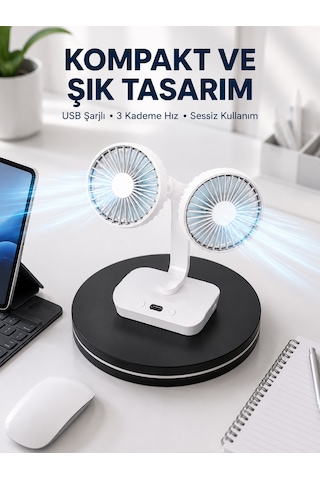 Çift Taraflı 720 Döner Usb Şarjlı Sessiz Masaüstü Vantilatör
