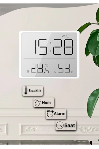 Dijital Oda Termometre Sıcaklık Ve Nem Ölçer Masa Saati Alarm Lcd Ekran Duvara Takılır Beyaz