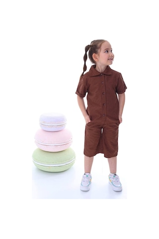 Kız Çocuk Desenli Gömlekli Takım-6369-Kahverengi