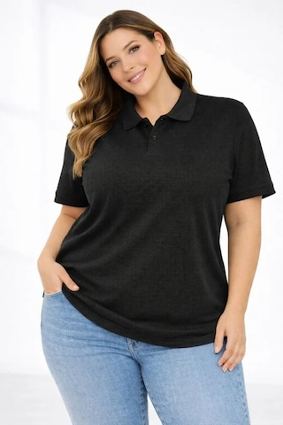 Buğrahayalin Pike Kumaş Düğmeli Yaka Battal Büyük Beden Günlük Kısa Kol Tişört T-shirt - Siyah Siyah