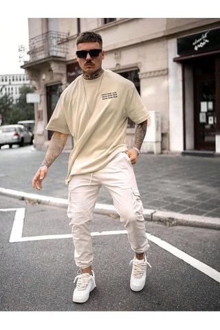T-shirt - Faıth Over Fear Baskılı Oversize Bisiklet Yaka Kısa Kol Tişört Bej