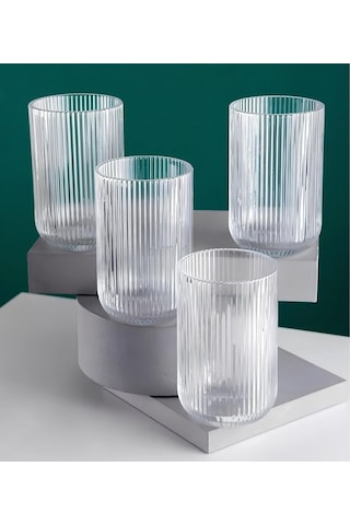 Lucca Minimalist Çizgili Şeffaf 4'lü Cam Su Meşrubat Bardağı - 465 Ml