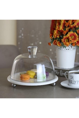 Akayev Mermer Beyaz 25 Cm Gümüş Boncuk Ayak Cam Fanus