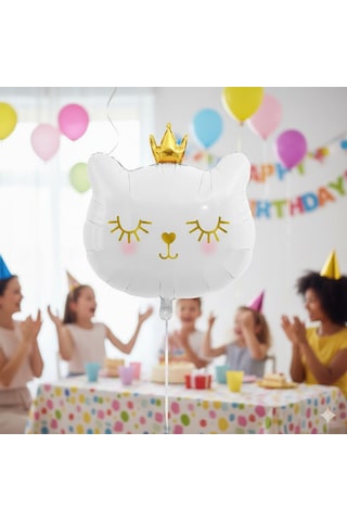 30 İnç Beyaz Kedi Kafası Taçlı Folyo Balon - Doğum Günü Parti Dekorasyon Balonu Çok Renkli