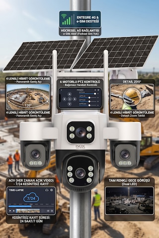 Inox Digital Inox X24 4g E-simli 6 Motorlu 4 Kameralı Solar Güvenlik Kamerası 7/24 Kayıt