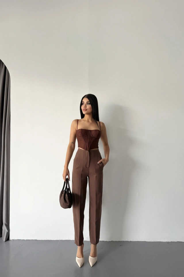 Nova Bazaar Pantolon Pensli Atlas Kumaş - Kahverengi Kahverengi