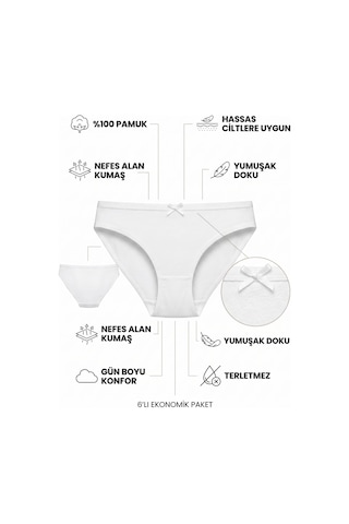 Hepsine Rakip 6'lı Tutku Kadın Pamuklu Fiyonklu İnce Bel Bikini Külot Seti Beyaz