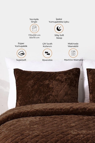 Evlen Home Kapitone Kadife Yatak Örtüsü Seti Tek Kişilik Supersoft 2 Parça Yumuşak Elyaf Dolgulu Koyu Kahve Koyu Kahverengi