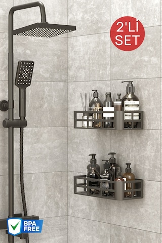 Yapışkanlı 2 Adet Banyo Rafı Şampuanlık Sabunluk Antrasit