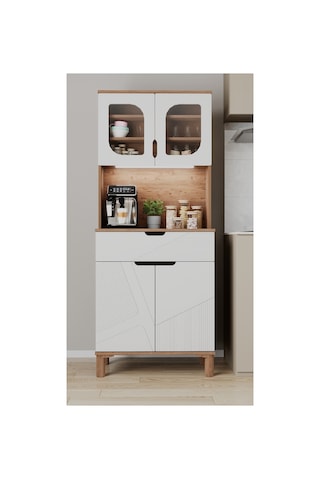 Ae-9001 Barista Atlantik Çam/beyaz Çok Amaçlı Kahve Köşesi Mutfak Kiler Dolabı Cam Kapaklı Ledli Çekmeceli 79,6 X 40 X 195,8 Cm Aekatyae009001çb Atlantik Çam - Beyaz