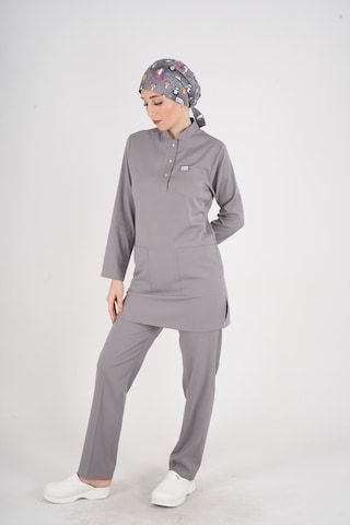 Gri Renk Sakura Model Tesettür Doktor Hemşire Scrubs Üniforma Takımı Gri