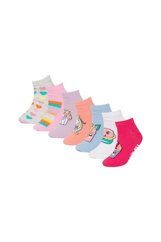 Defacto Kız Çocuk Unicorn Desenli 7li Pamuklu Patik Çorap A6568a8nskr1