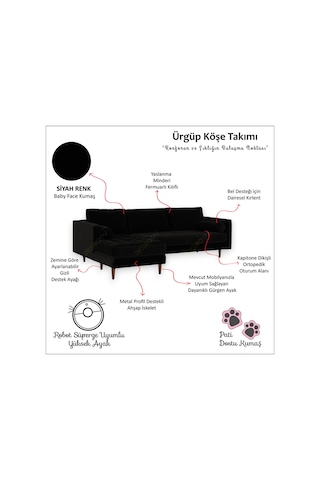 Ürgüp Modern Köşe Koltuk Takımı -siyah- Sol Köşe-baby Face Yumuşak Kumaş Siyah