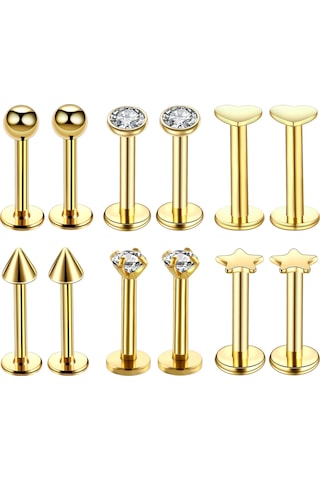 Vkemall 6 Çift Çelik Dudak Piercing Takımı - 1.2mm Çubuk Çapı, Zirkonlu Dekor, Vücut Piercingi İçin Gold